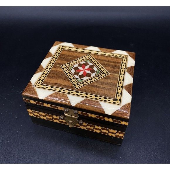 Taracea Marquetry Wooden Inlay Rectangle Trinket Box Red Inside Spain - Picture 1 of 12